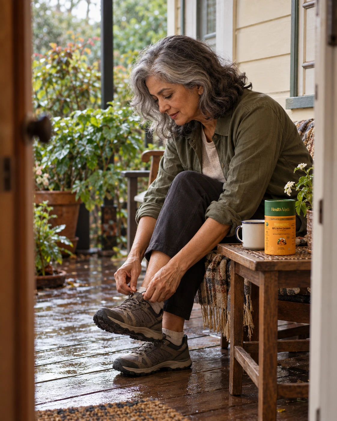 Lifestyle illustration of a woman tying her walking shoe beside a Turmeric container