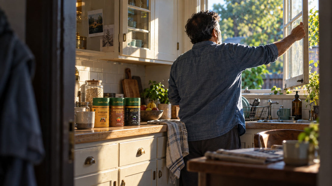 AI-generated brand illustration of a man opening a kitchen window in warm morning light.