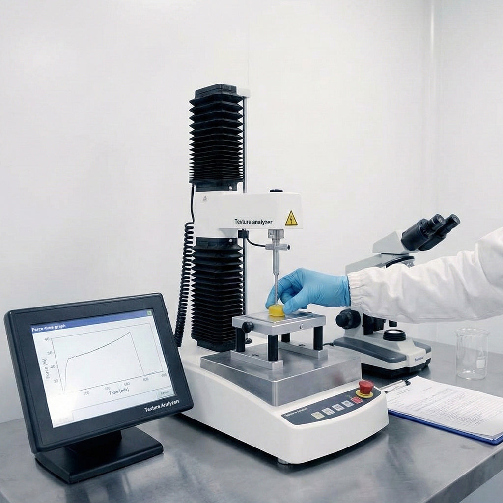 A gloved team member positions a sample on a texture analyzer.