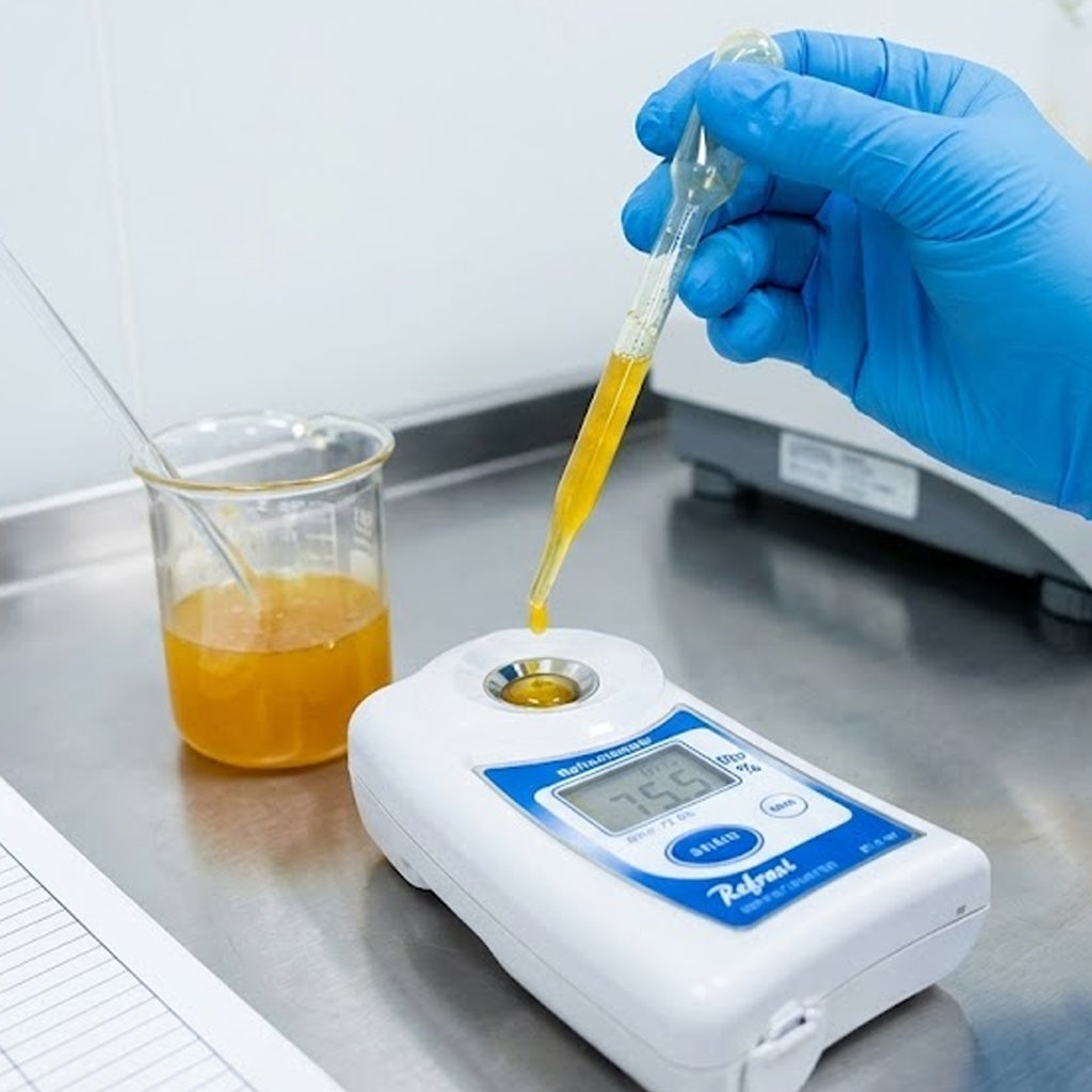 A liquid sample is placed onto a digital measuring instrument.