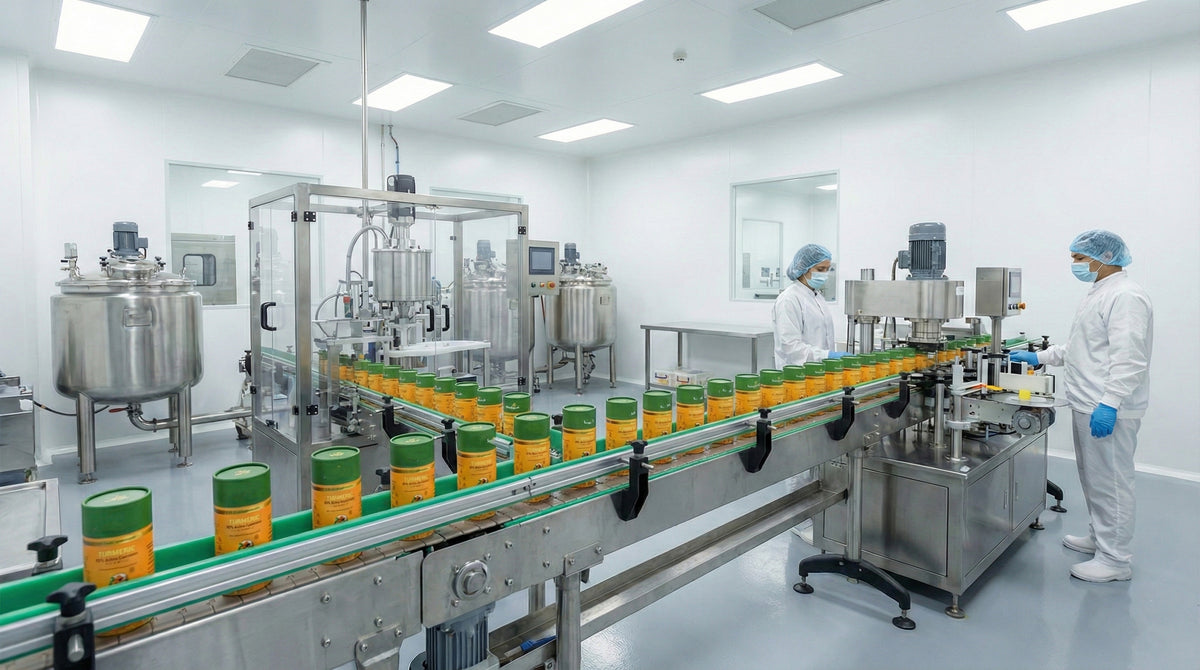 HealthVeda packs along the production line, with a team member at work in the facility.
