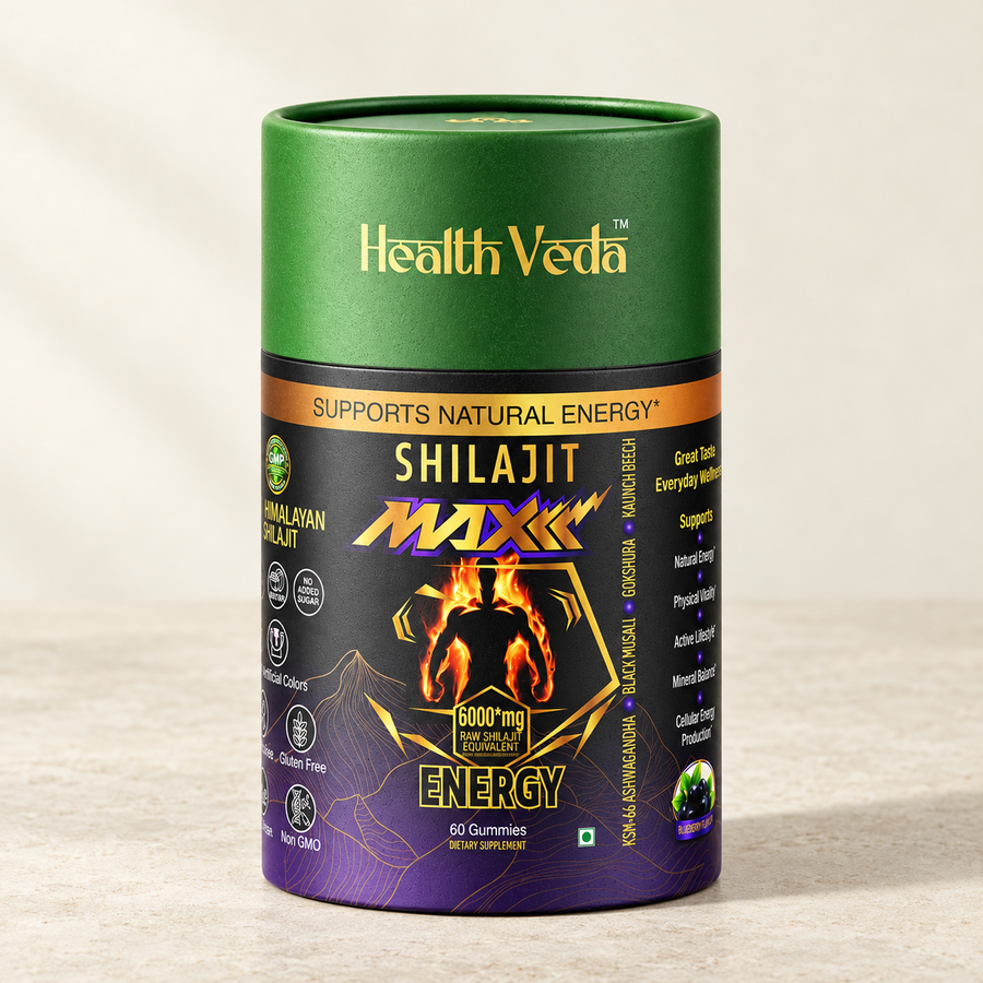 AI-created product render based on supplied HealthVeda Shilajit Maxx 60 Gummies packaging.