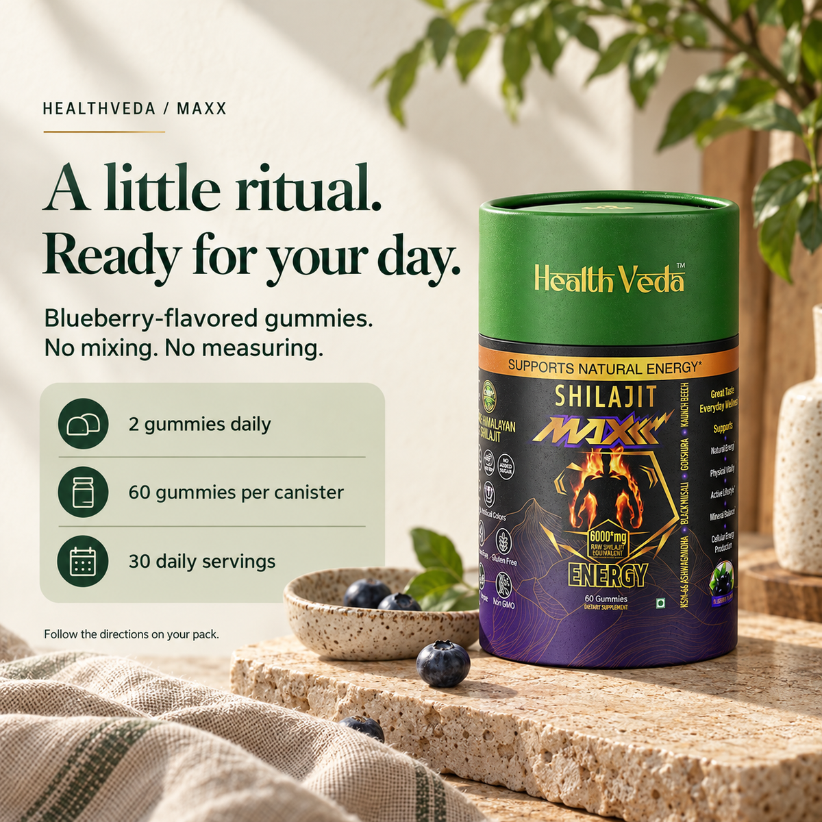 AI-created HealthVeda Maxx daily ritual image: blueberry flavor, 60 gummies, 30 daily servings, two gummies daily.