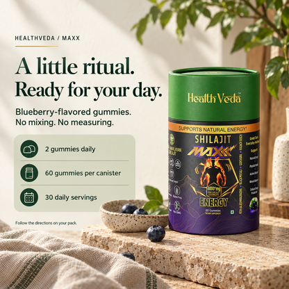 AI-created HealthVeda Maxx daily ritual image: blueberry flavor, 60 gummies, 30 daily servings, two gummies daily.