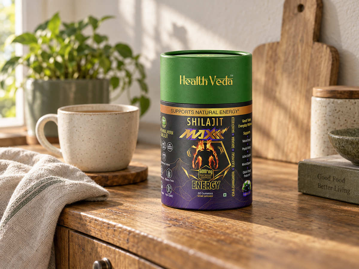 AI-created editorial scene of HealthVeda Shilajit Maxx Gummies canister beside tea in natural light.