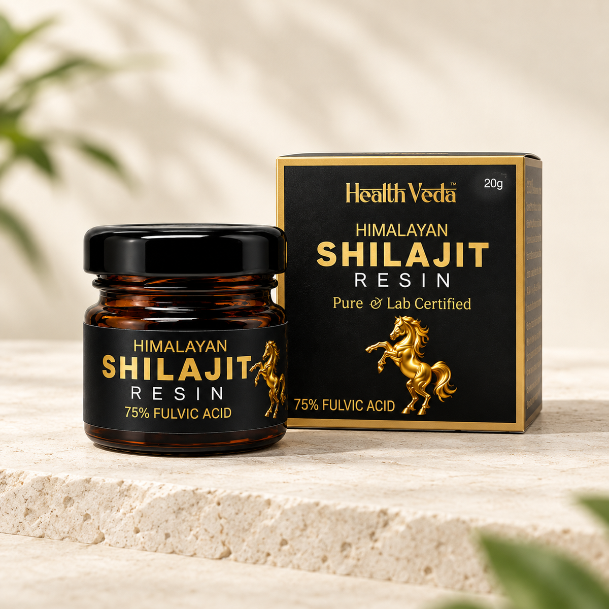 AI-created product render based on supplied HealthVeda 20g Himalayan Shilajit Resin jar and carton.