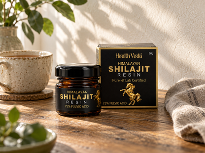 AI-created editorial scene of HealthVeda Himalayan Shilajit Resin jar and carton beside tea in natural light.