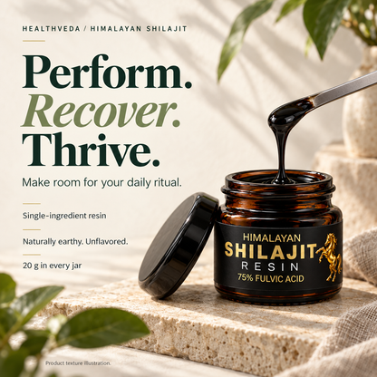 AI-created HealthVeda Shilajit Resin editorial with the headline Perform. Recover. Thrive., and single-ingredient, unflavored 20 g product facts.