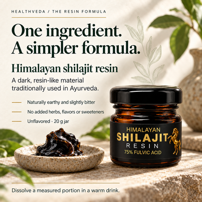 AI-created HealthVeda single-ingredient Shilajit Resin guide explaining resin texture, earthy taste and an unflavored formula.