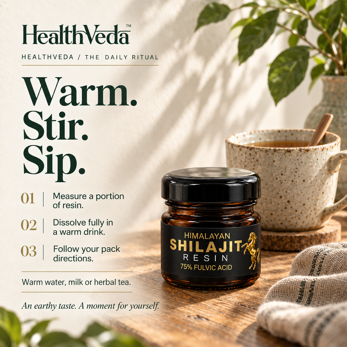 AI-created HealthVeda Shilajit Resin preparation scene: dissolve a measured portion in warm water, milk or herbal tea, following current pack directions.
