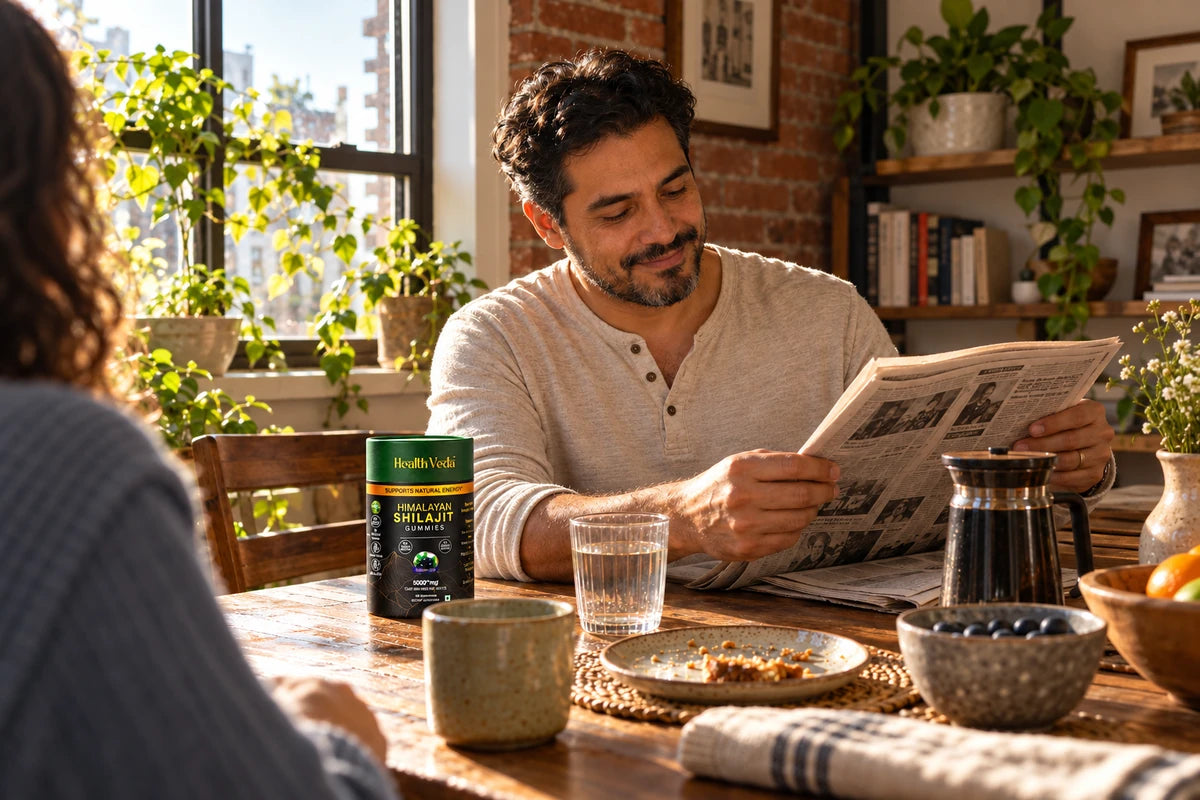 Lifestyle illustration of a man reading at breakfast with Shilajit gummies on the table.