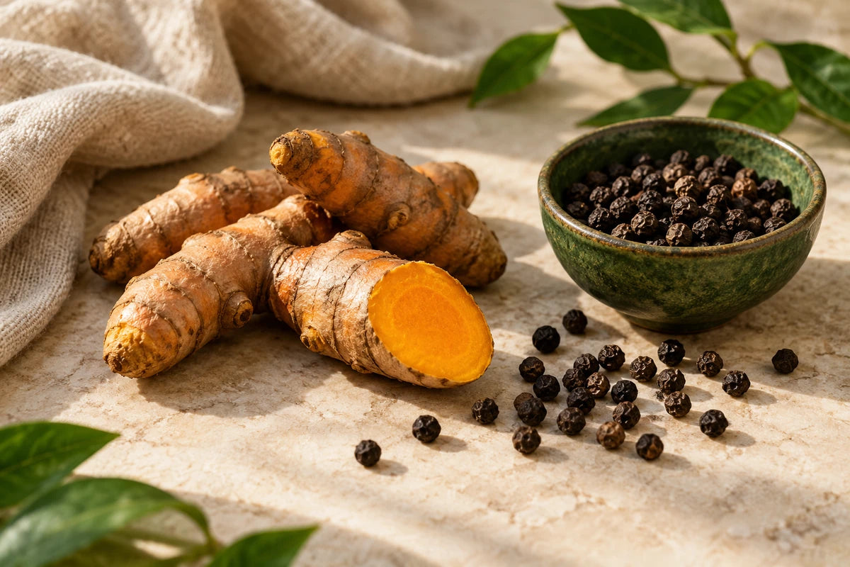 Editorial illustration of fresh turmeric and whole black peppercorns with a forest-green ceramic bowl.