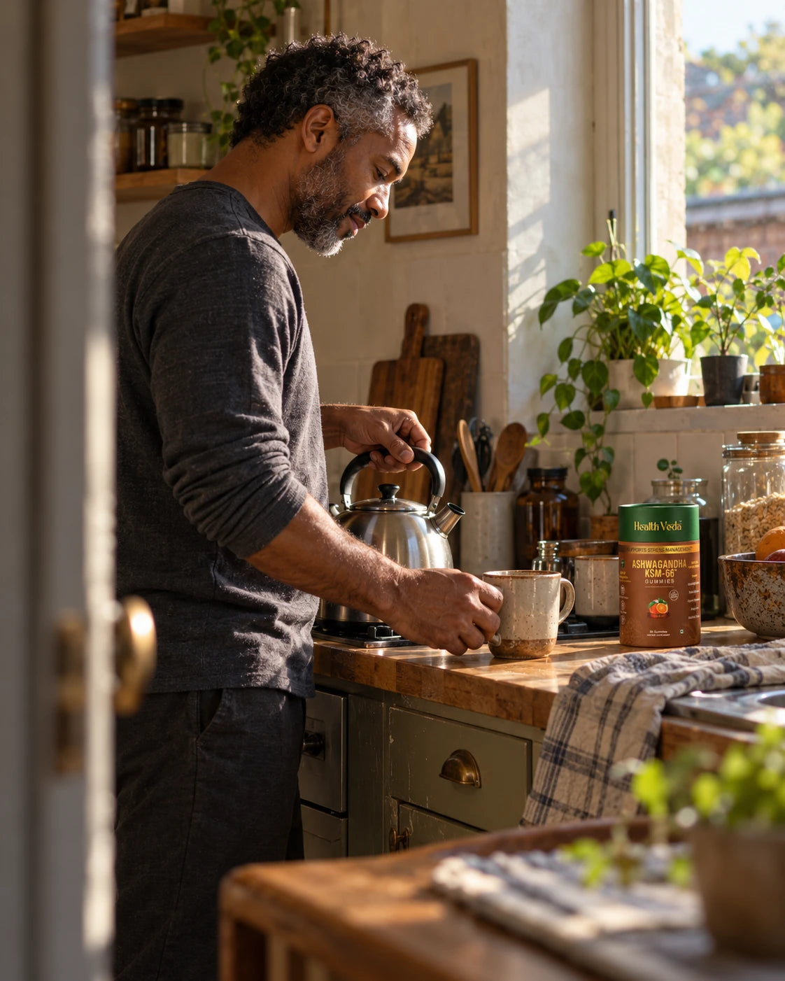Lifestyle illustration of a man making tea with an Ashwagandha container nearby